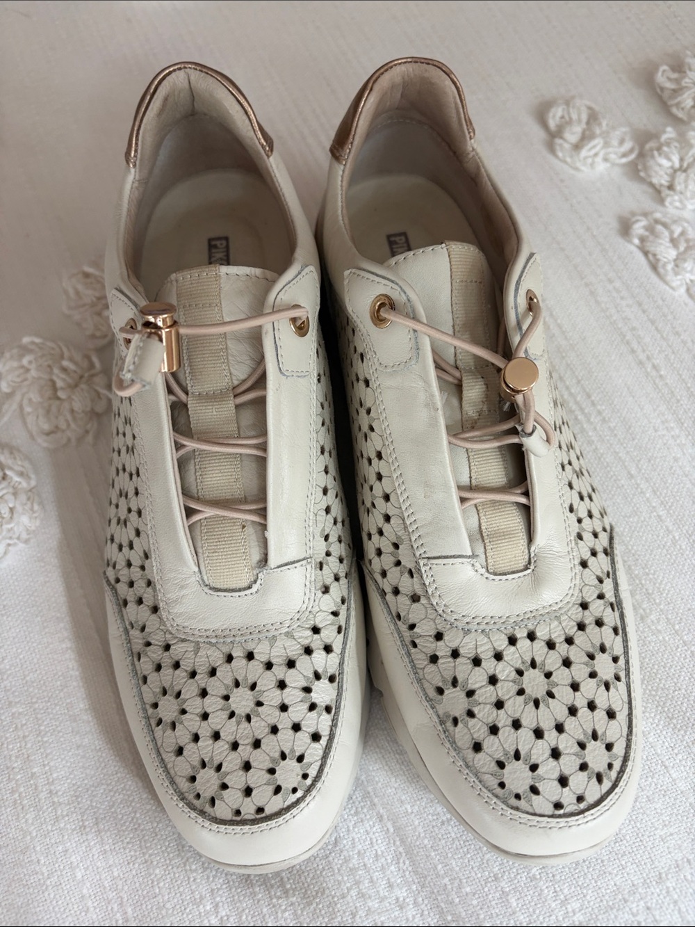 PIKOLINOS Cream Leather Perforated Slip-On Sneakers with Rose-Gold Accents